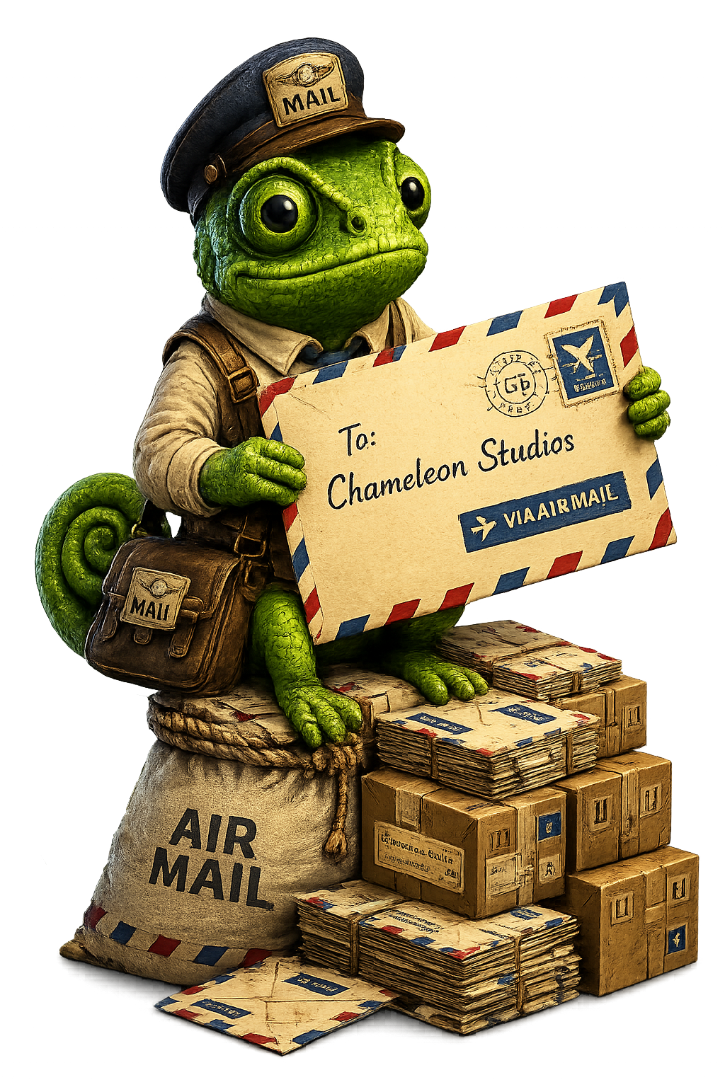 Chameleon mail carrier holding a message for Chameleon Studios